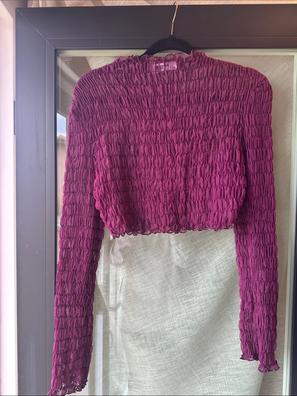 Mistress Rocks Smocked Long-Sleeve Crop Top - Wine Burgundy